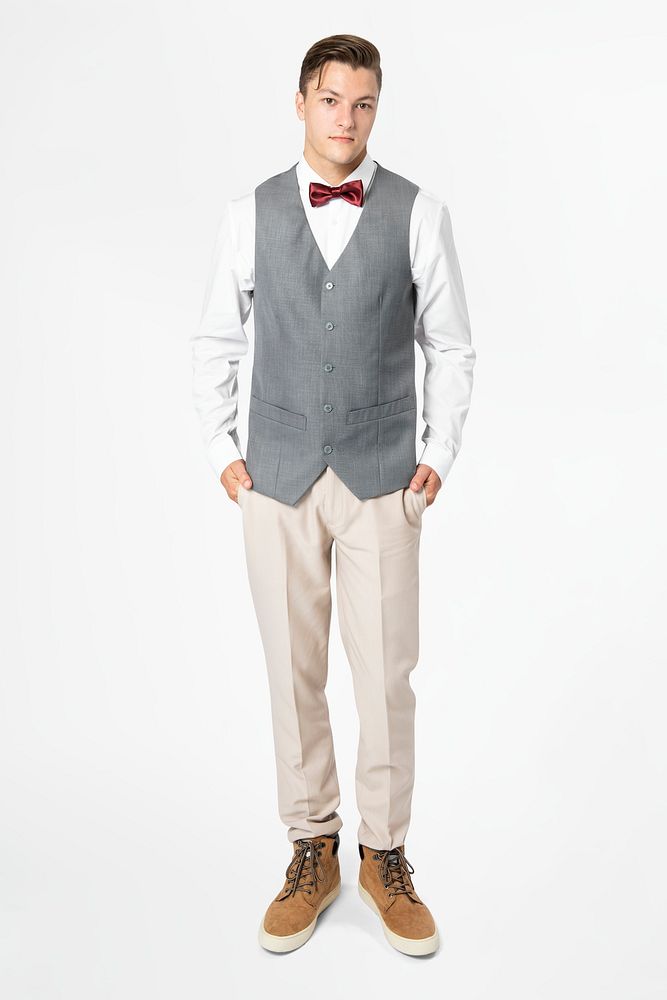 Man psd mockup with vest suit and bow tie men&rsquo;s formal attire full body
