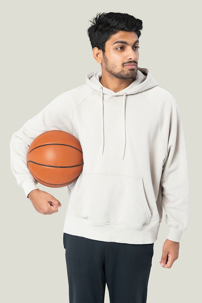 Sportswear white hoodie psd mockup men’s apparel studio shoot