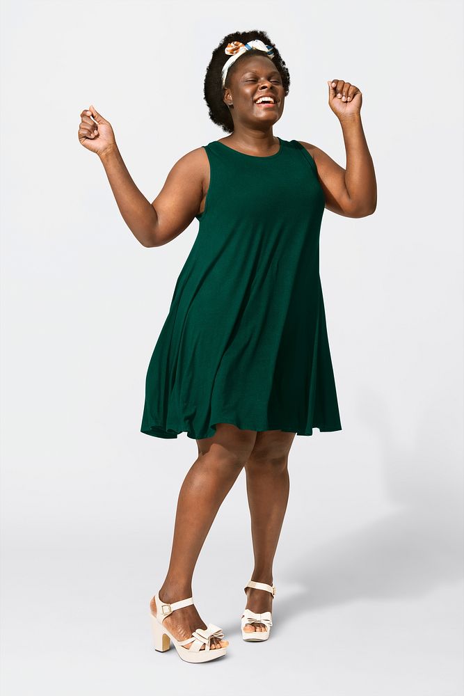 Green tent dress mockup psd on African American woman