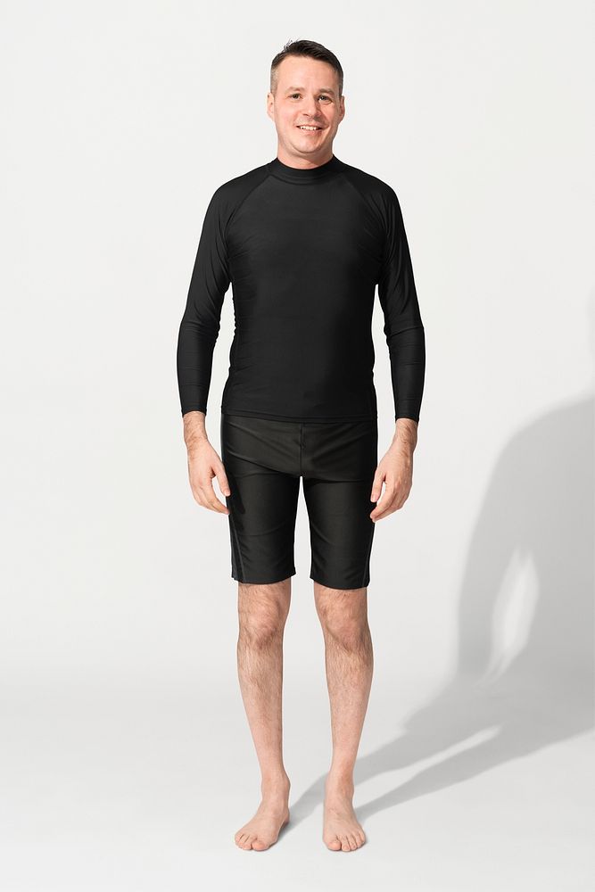 Black rash guard mockup psd with swim shorts