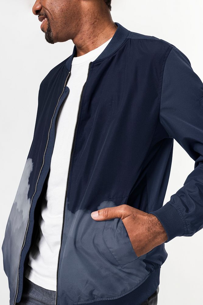 Men's navy jacket mockup psd closeup shot