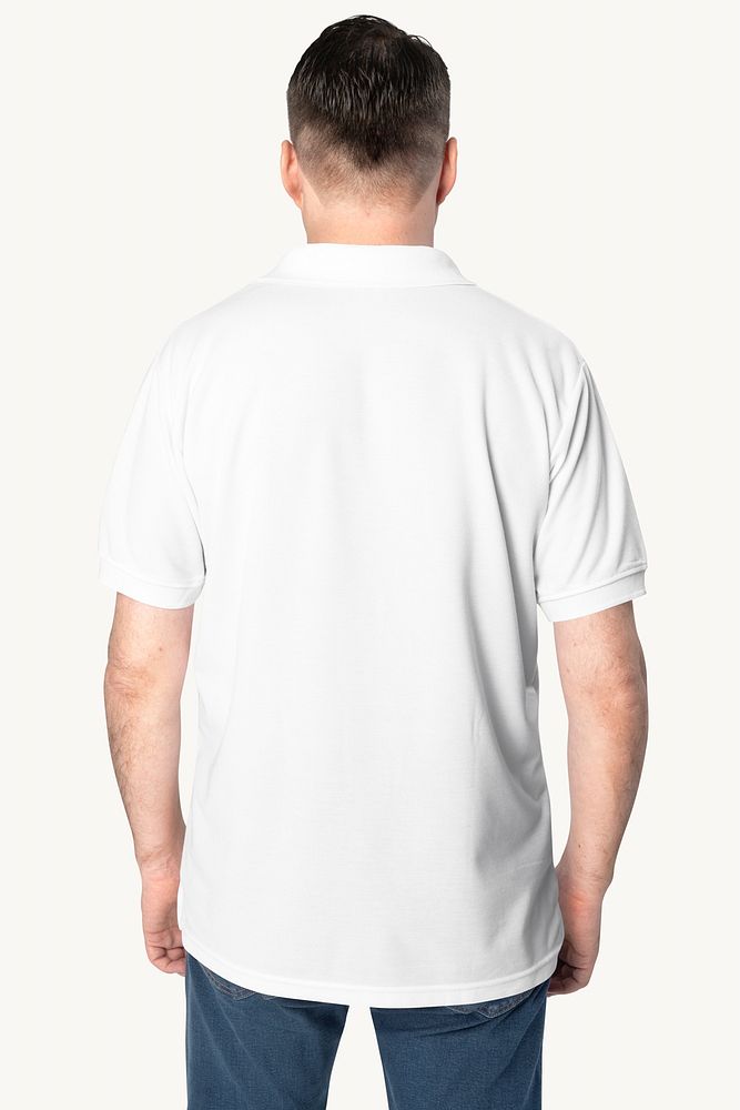 Man wearing basic white polo shirt apparel rear view