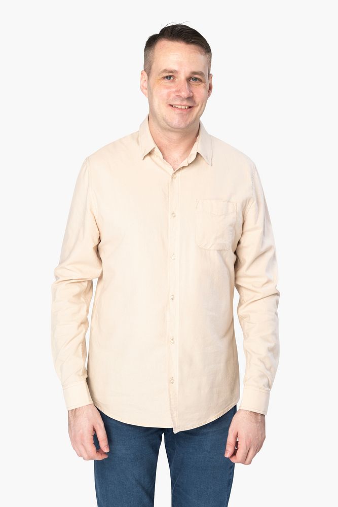 Man wearing beige long-sleeve shirt
