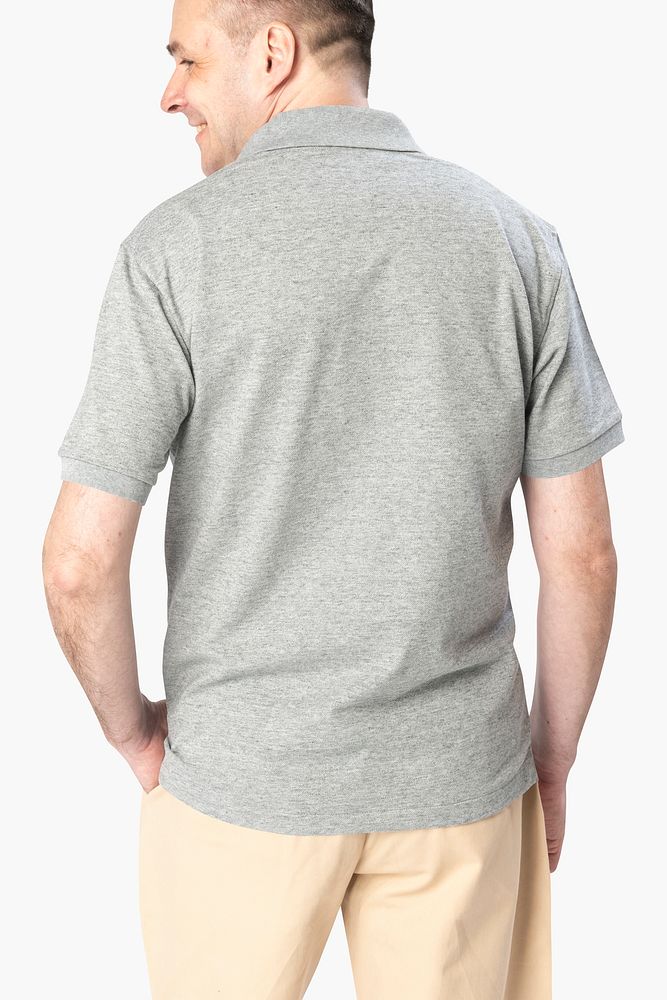 Man wearing basic gray polo shirt apparel rear view