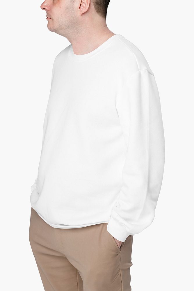 Man wearing white sweater close-up