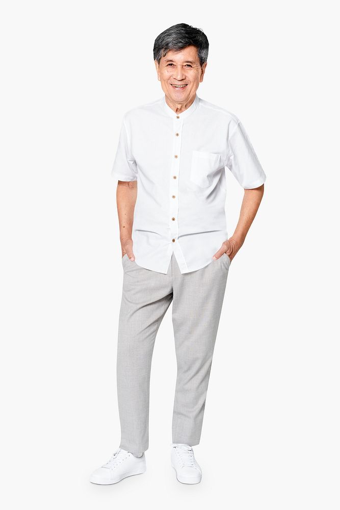 Senior Asian man in white collarless shirt apparel full body