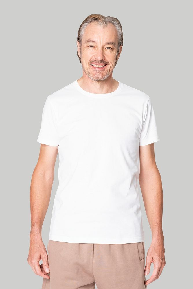 Senior man psd mockup in white tee and beige shorts summer apparel