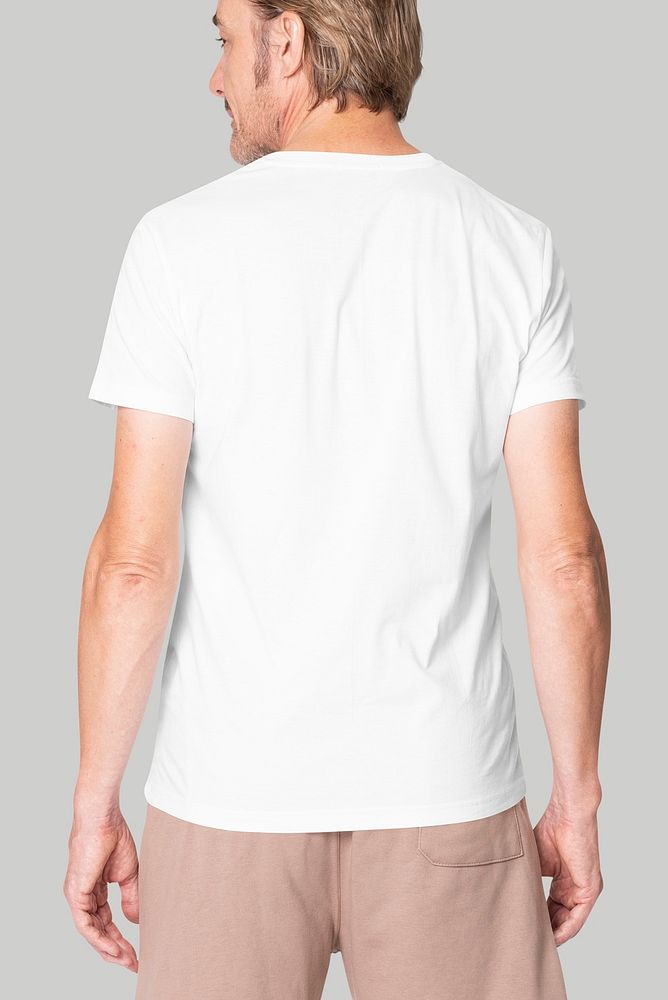 Senior man psd mockup in white tee and beige shorts summer apparel rear view