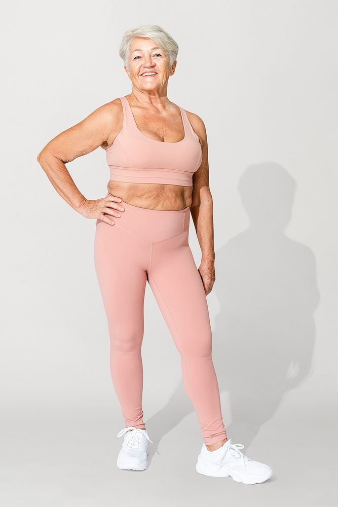 Pink women’s sportswear mockup psd sports bra and yoga pants full body