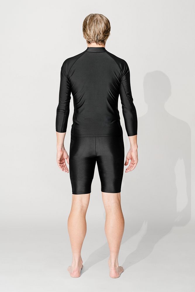 Rash guard swimsuit mockup psd in black men&rsquo;s summer apparel rear view