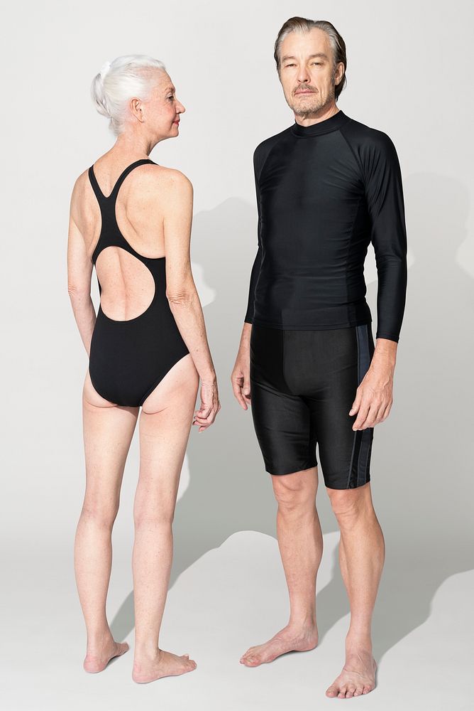 Senior woman and man in swimsuits summer apparel full body