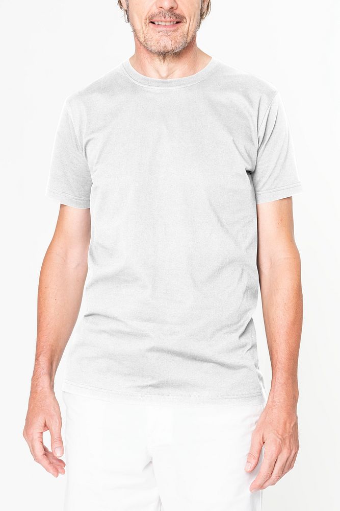 Men&rsquo;s white t-shirt psd mockup apparel on white background