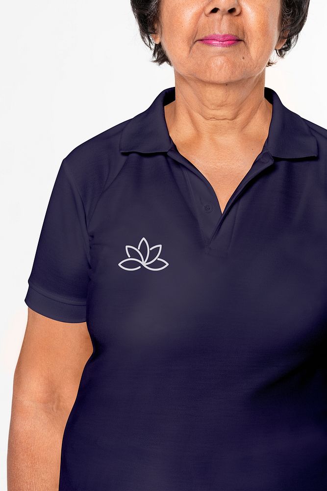Navy polo shirt psd mockup with embroidered logo women&rsquo;s apparel close up