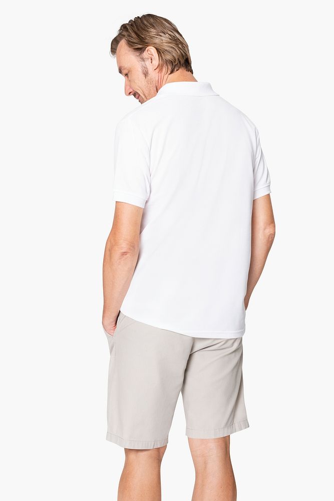 White polo shirt mockup psd casual men&rsquo;s apparel rear view