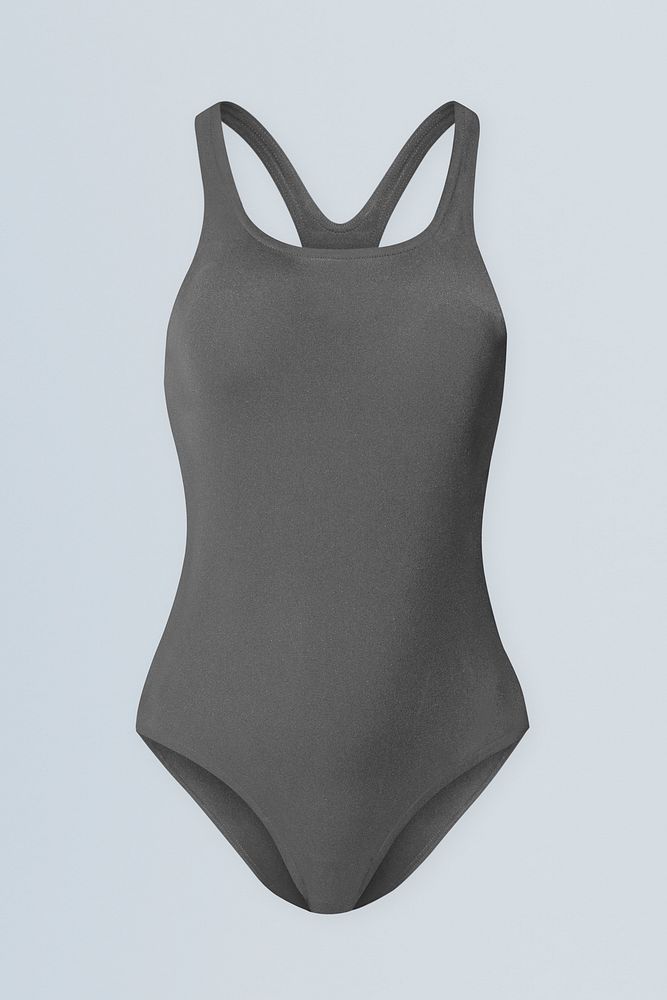 Gray one-piece swimsuit mockup psd senior women’s summer apparel