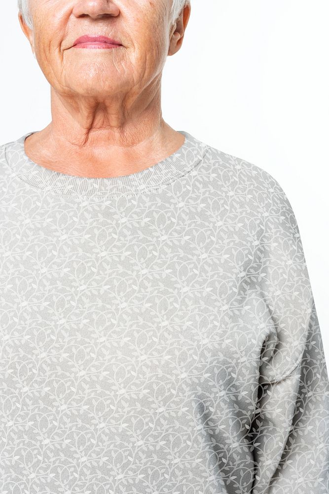Woman's gray sweater psd mockup casual apparel close up