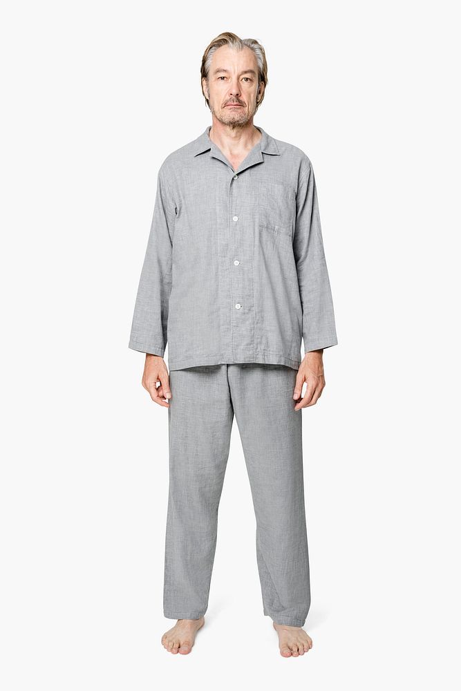 Senior man in gray pajamas nightwear apparel full body