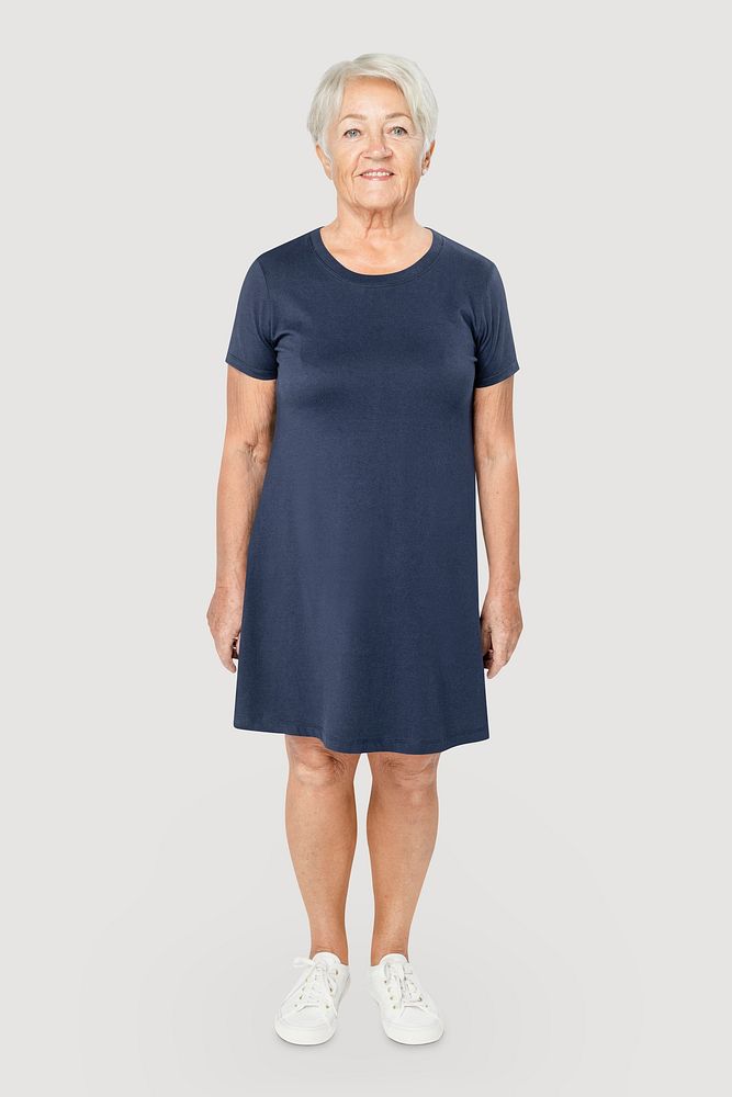 Senior woman in oversized navy t-shirt dress apparel with design space