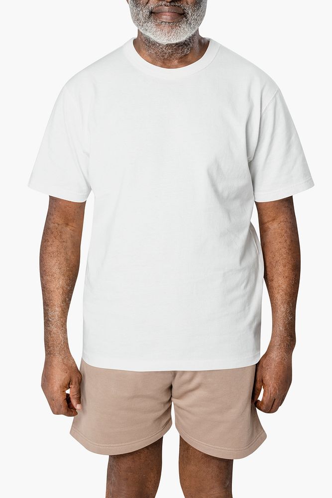 Senior man psd mockup in white tee and beige shorts summer apparel