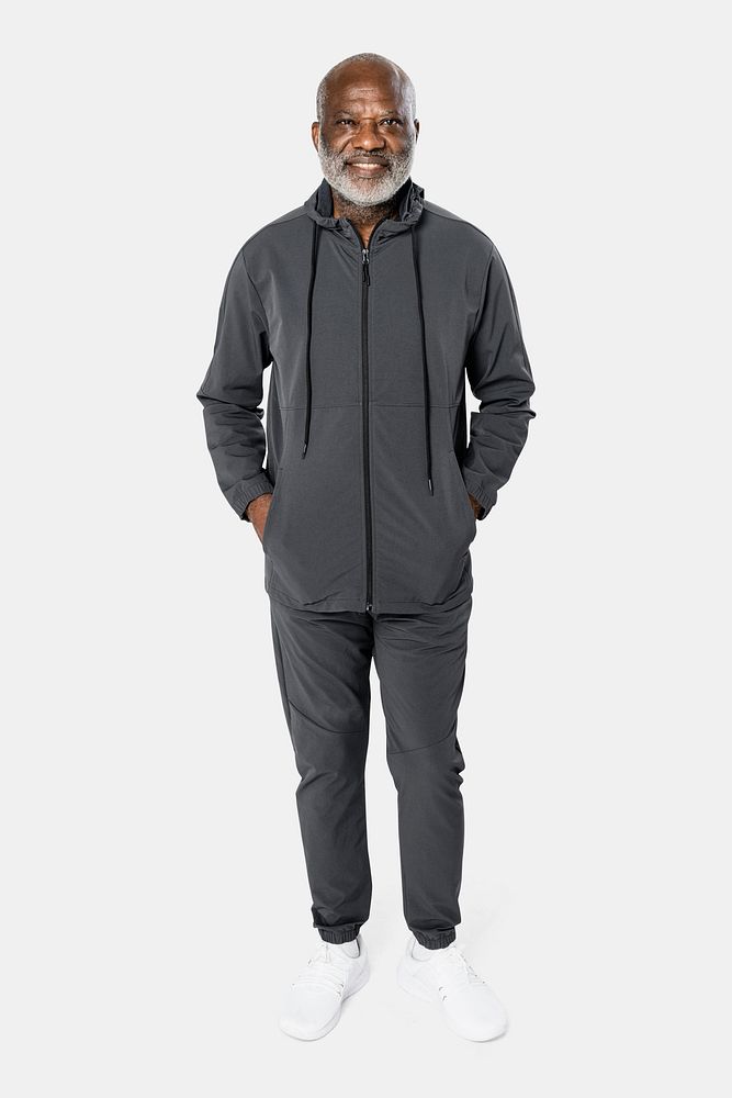 Dark gray tracksuit mockup psd in sportswear fashion full body
