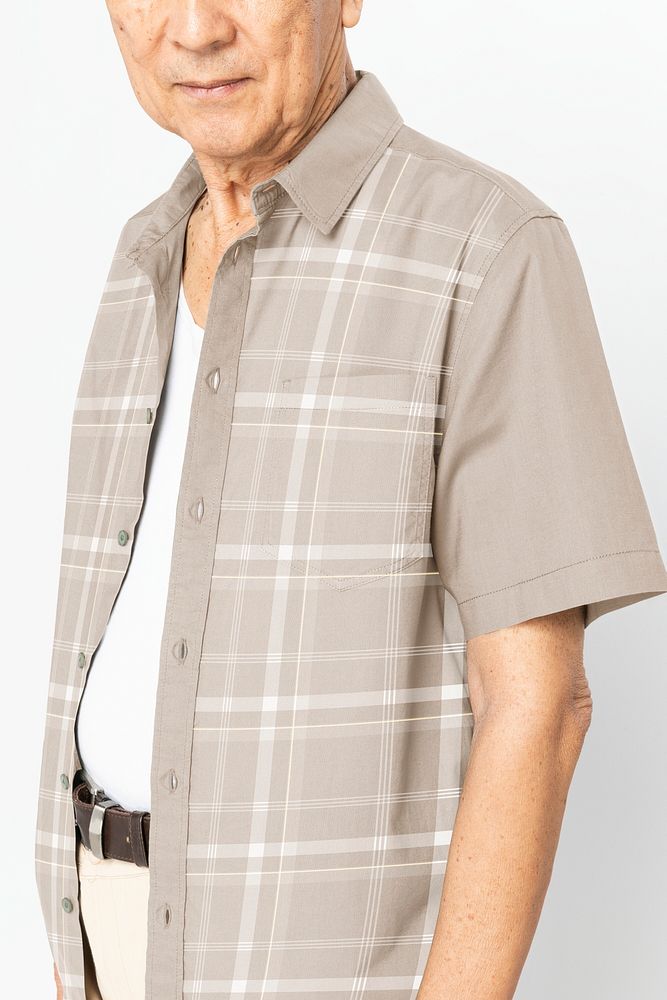 Brown plaid shirt mockup psd senior men’s apparel