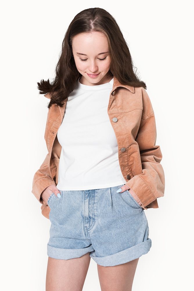 Girl in white t-shirt and brown jacket winter fashion shoot