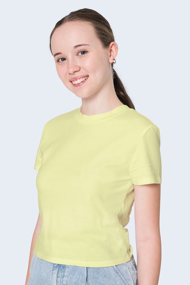 Yellow t-shirt psd mockup basic teen&rsquo;s apparel studio shoot