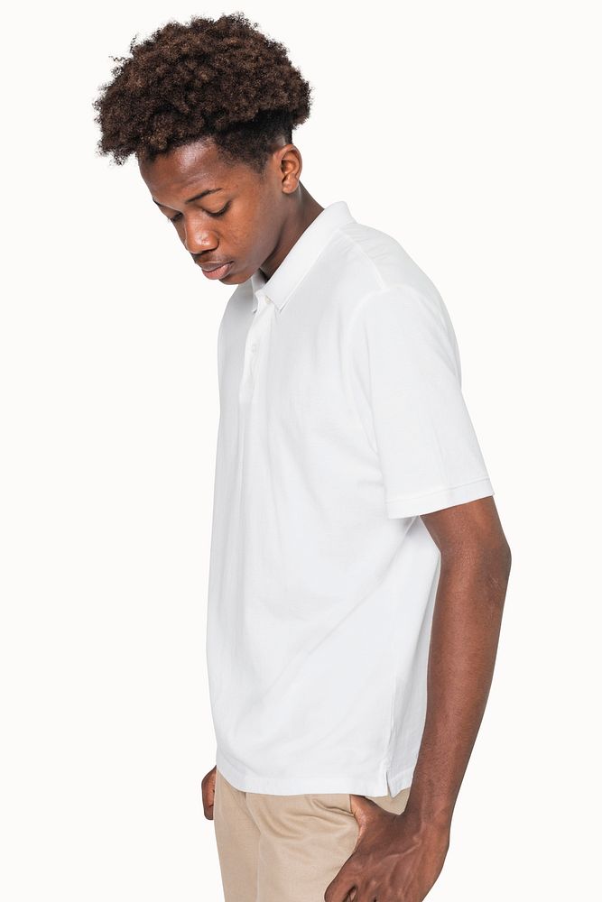 White polo t-shirt mockup psd for boy  youth fashion studio shoot