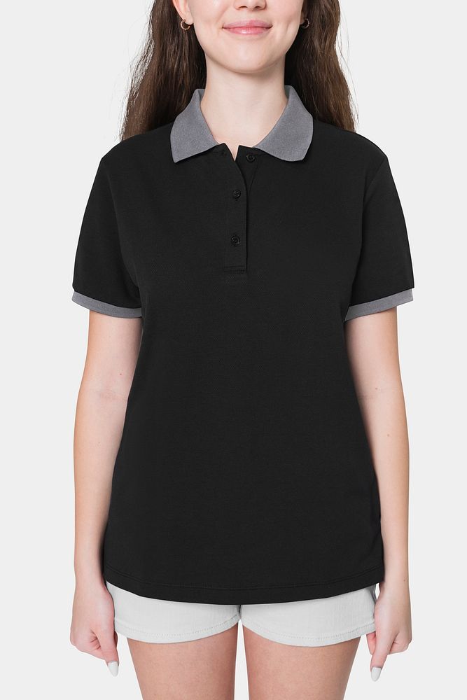 Black polo t-shirt mockup psd for girl youth fashion studio shoot