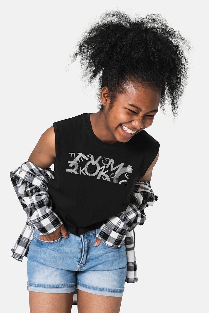 Black tank top psd mockup with flannel jacket and denim shorts grunge fashion