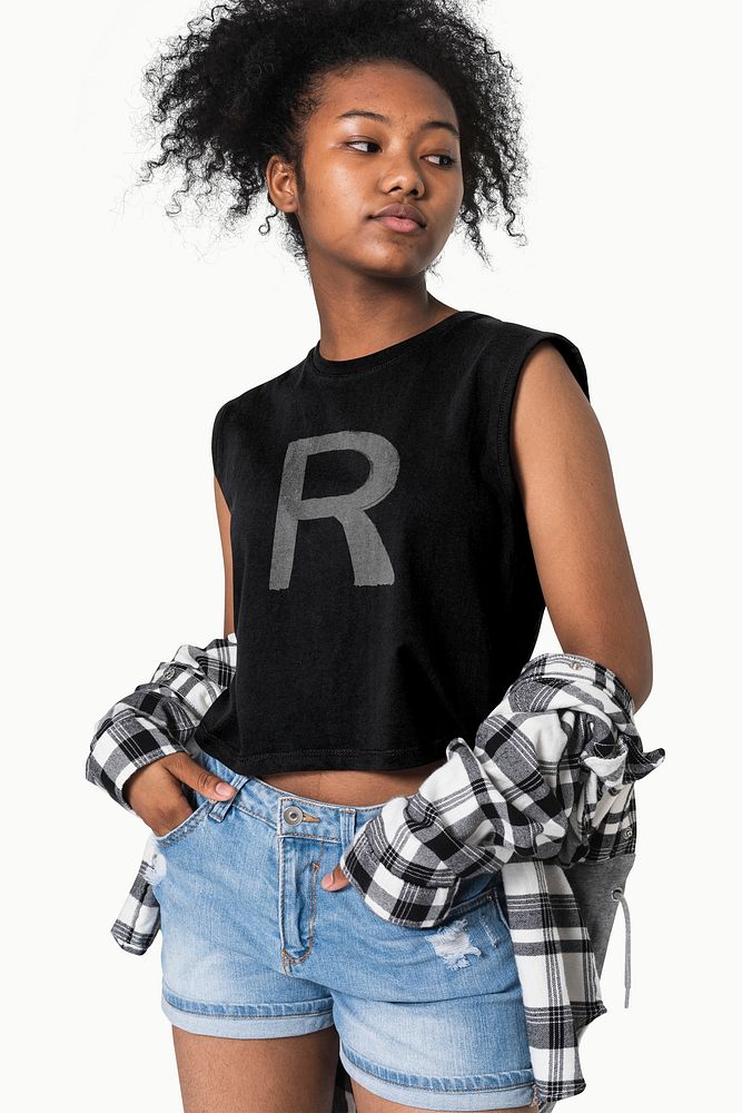 Black tank top psd mockup with flannel jacket and denim shorts grunge fashion