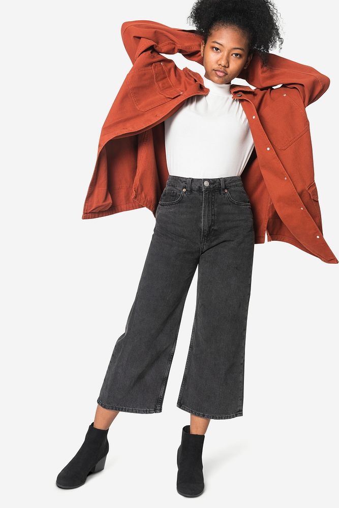Png girl mockup in orange oversized jacket winter apparel shoot full body