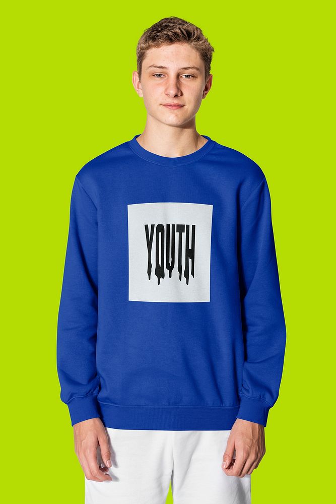 Blue sweater mockup psd with YOUTH typography teenage fashion shoot