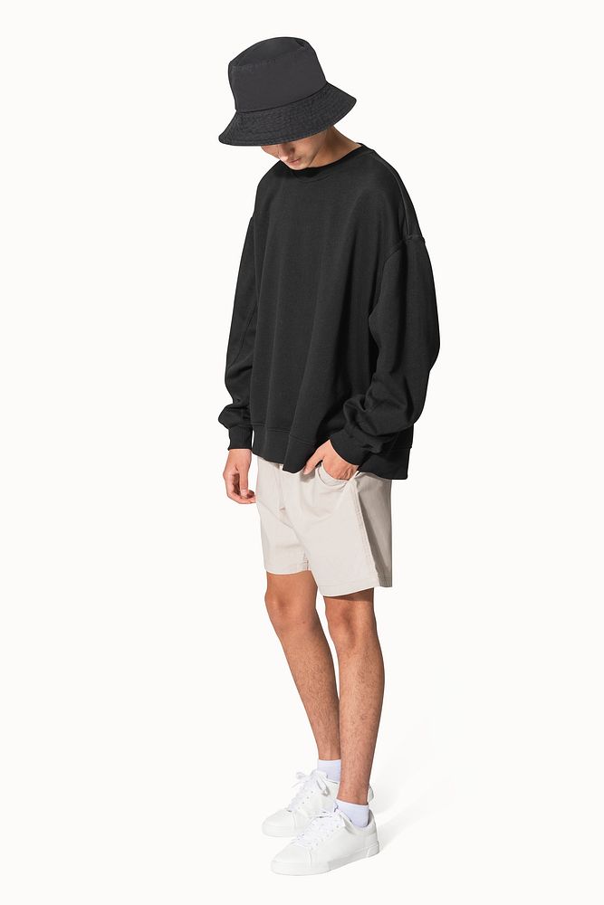 Black sweater mockup psd with black bucket hat teenage apparel shoot