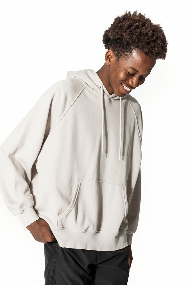 Man in beige hoodie winter youth apparel shoot