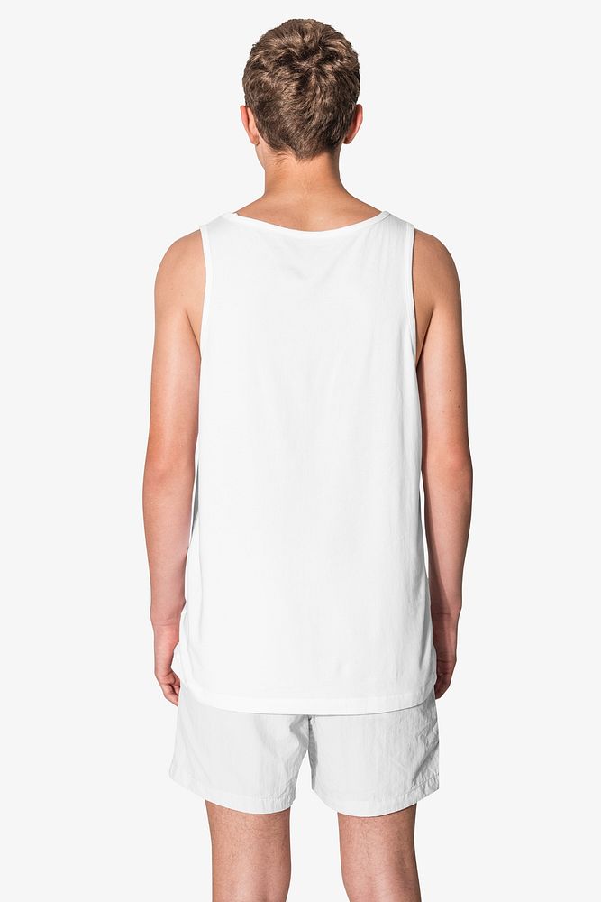 Men&rsquo;s white tank top and gray shorts for teen&rsquo;s summer apparel shoot with design space