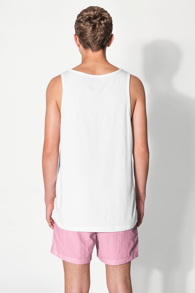 Teen&rsquo;s tank top mockup psd pink shorts summer apparel shoot