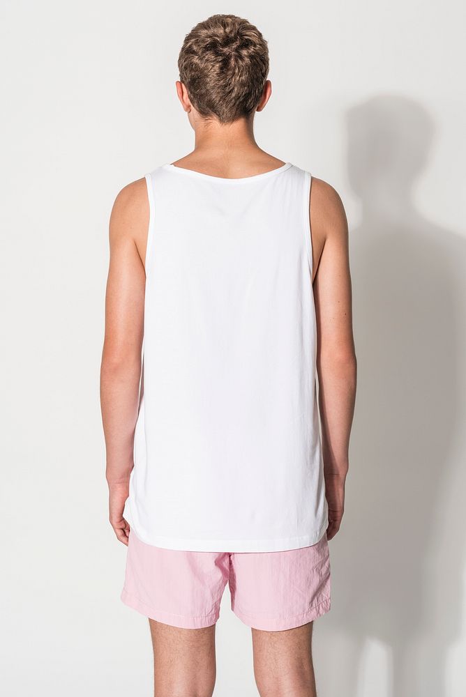 Men&rsquo;s white tank top and pink shorts for teen&rsquo;s summer apparel shoot with design space