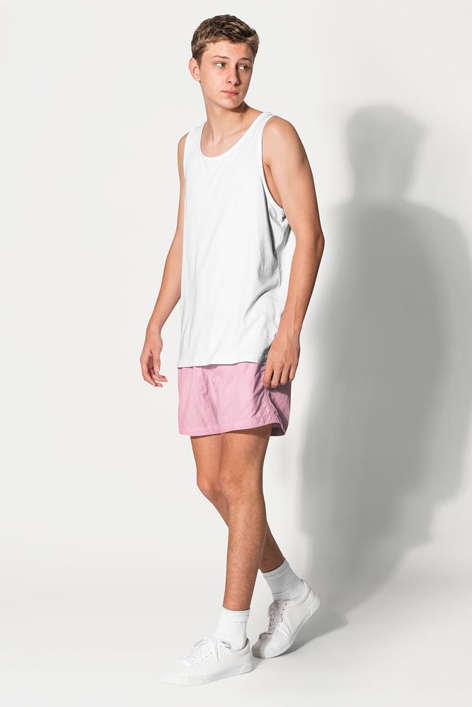 Teen’s tank top mockup psd pink shorts summer apparel shoot