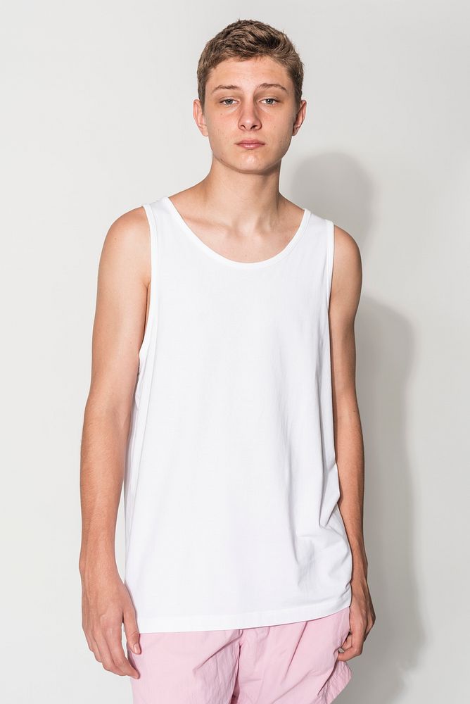 Men&rsquo;s white tank top and pink shorts for teen&rsquo;s summer apparel shoot with design space