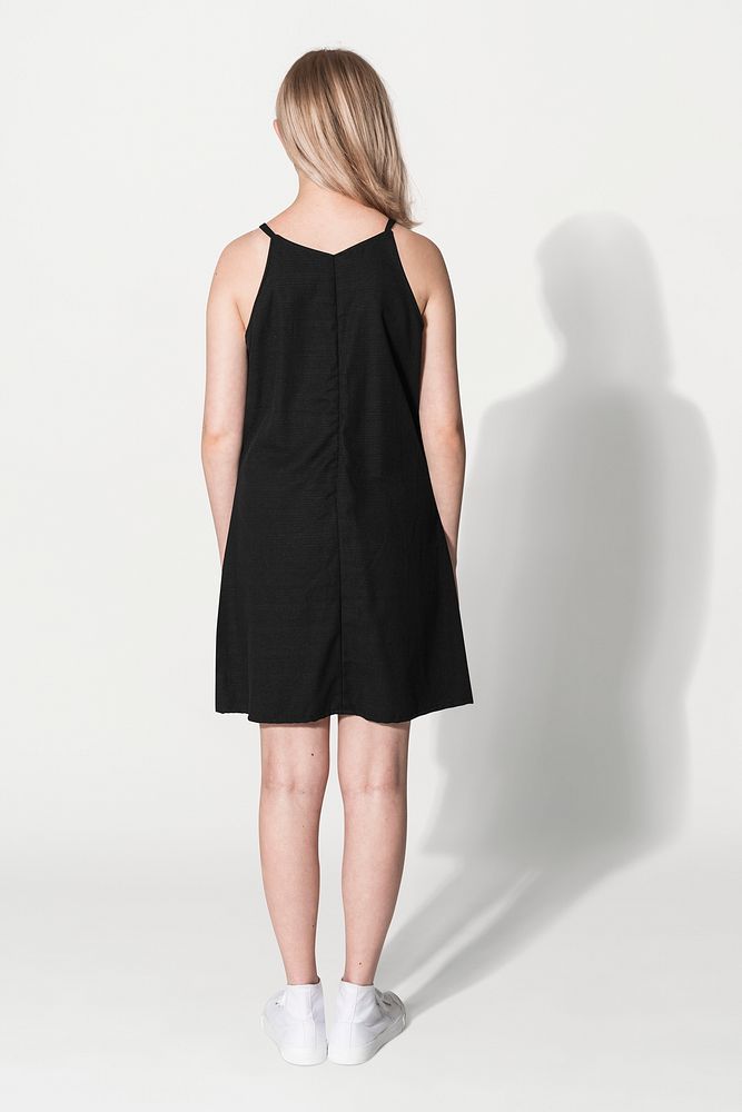 Black a-line dress psd mockup for summer apparel fashion shoot rear view
