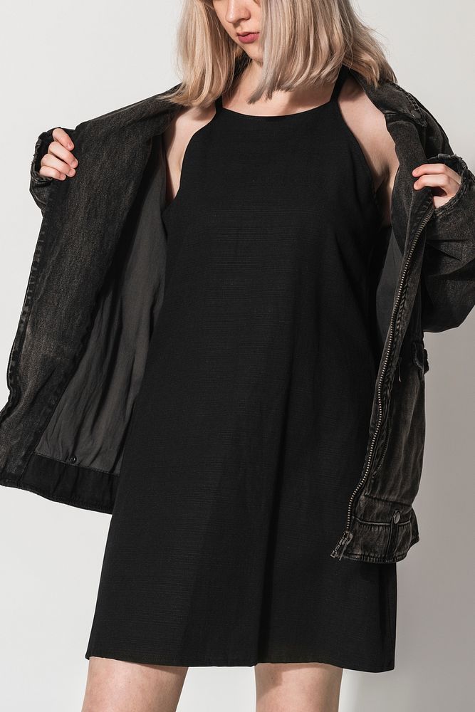 Black a-line dress mockup psd with jacket winter fashion shoot