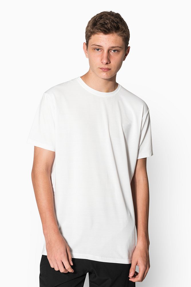 White tee mockup psd for boys basic youth apparel studio shoot