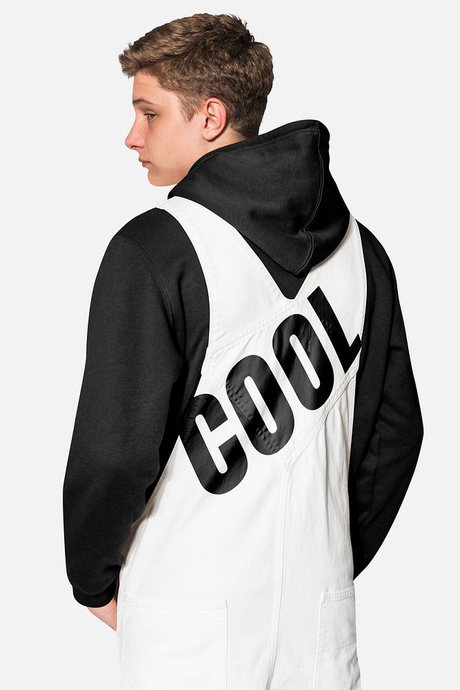 White dungarees mockup psd with COOL typography streetwear photoshoot