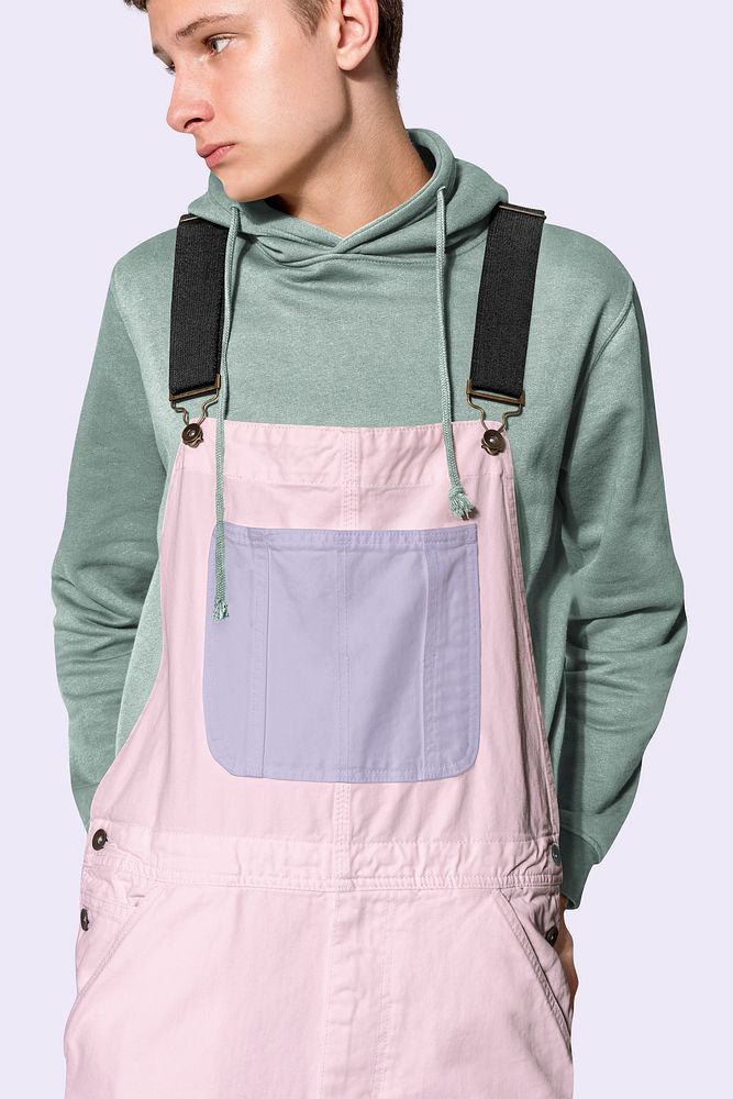 Pink dungarees mockup psd with green hoodie streetwear photoshoot