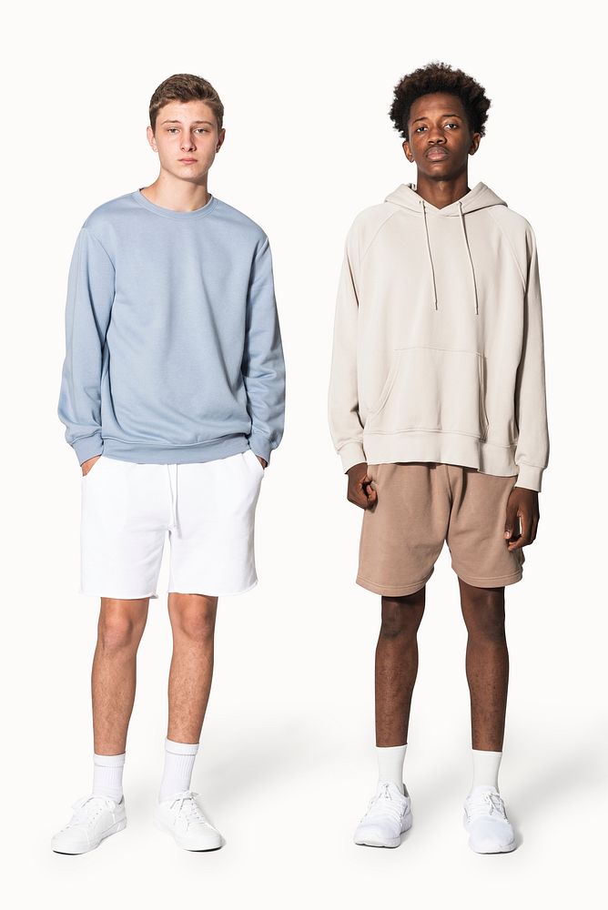 Teenage boys in blue sweater and beige for streetwear apparel shoot
