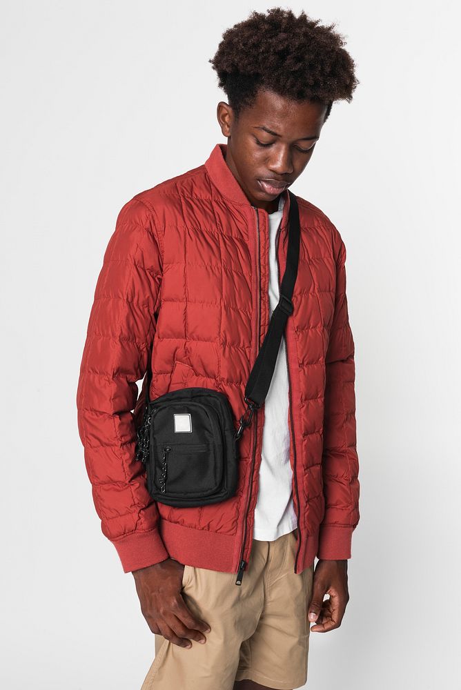 African American boy in red nano puff jacket winter apparel shoot