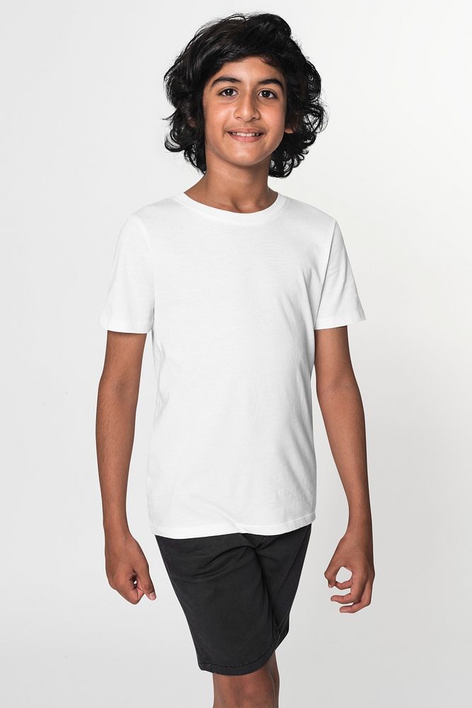 White tee mockup psd for boys basic youth apparel studio shoot