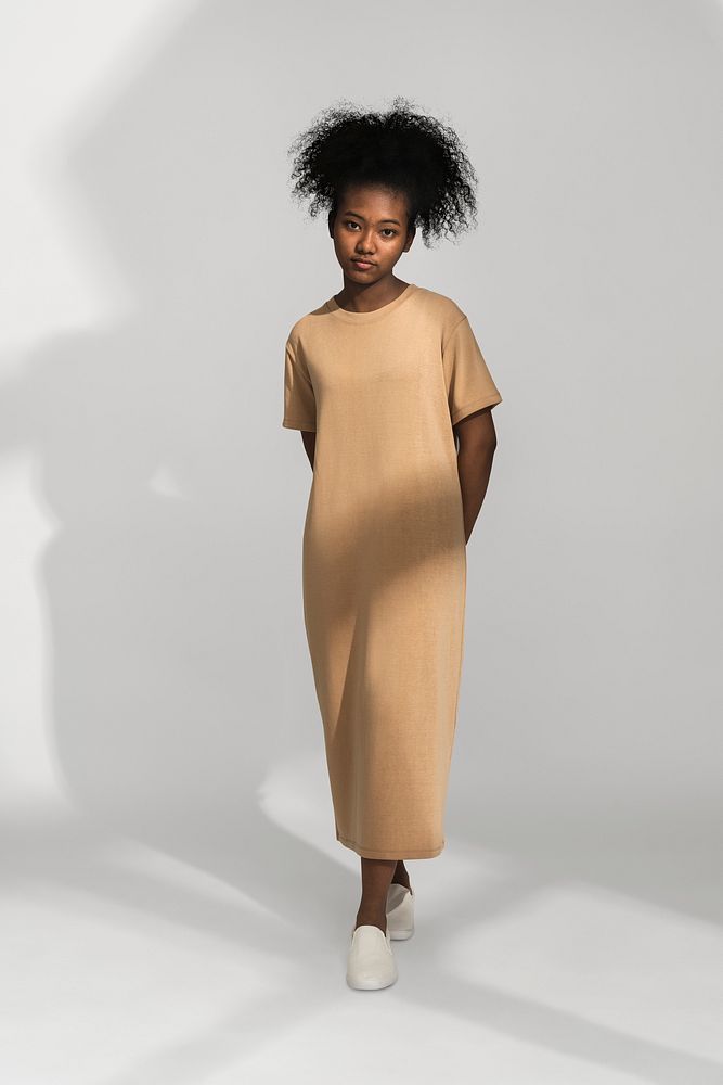 Brown t-shirt dress mockup psd for teenage apparel shoot