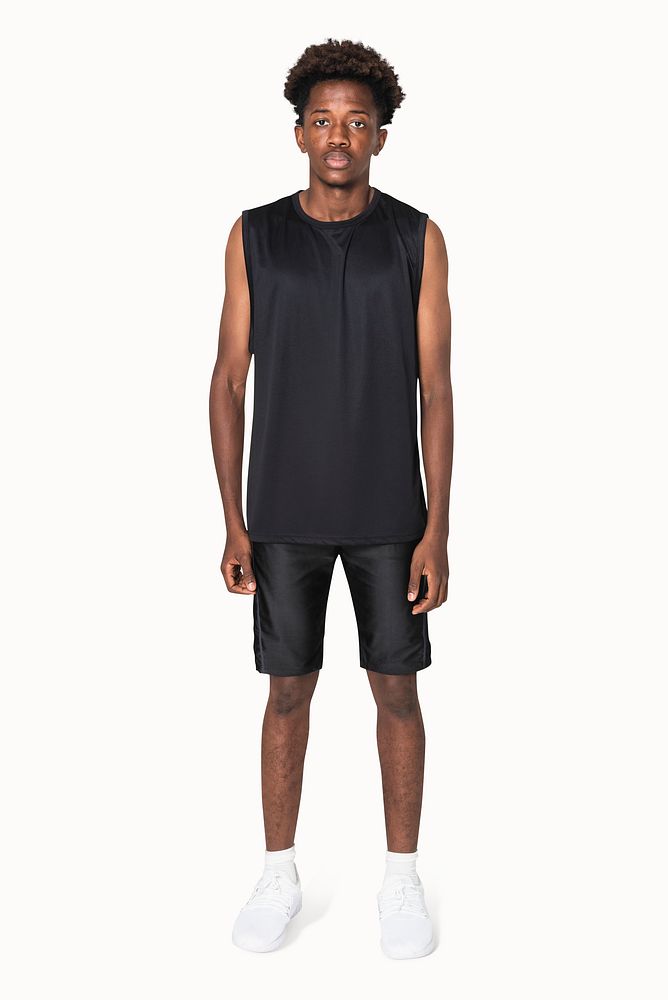 African American boy in black tank top and shorts sportswear apparel shoot